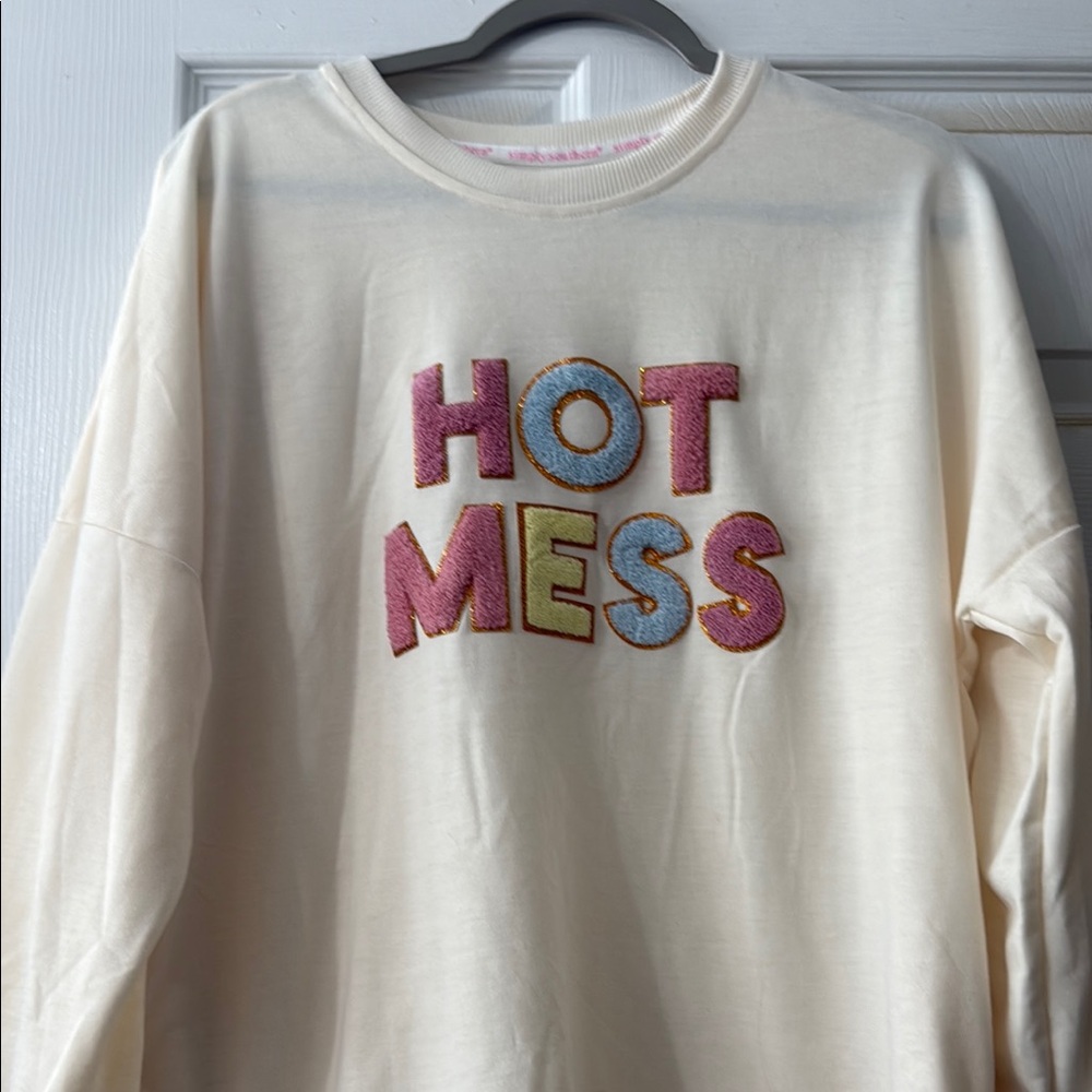 Cream Sweatshirt with Colorful 'Hot Mess' Embroidery